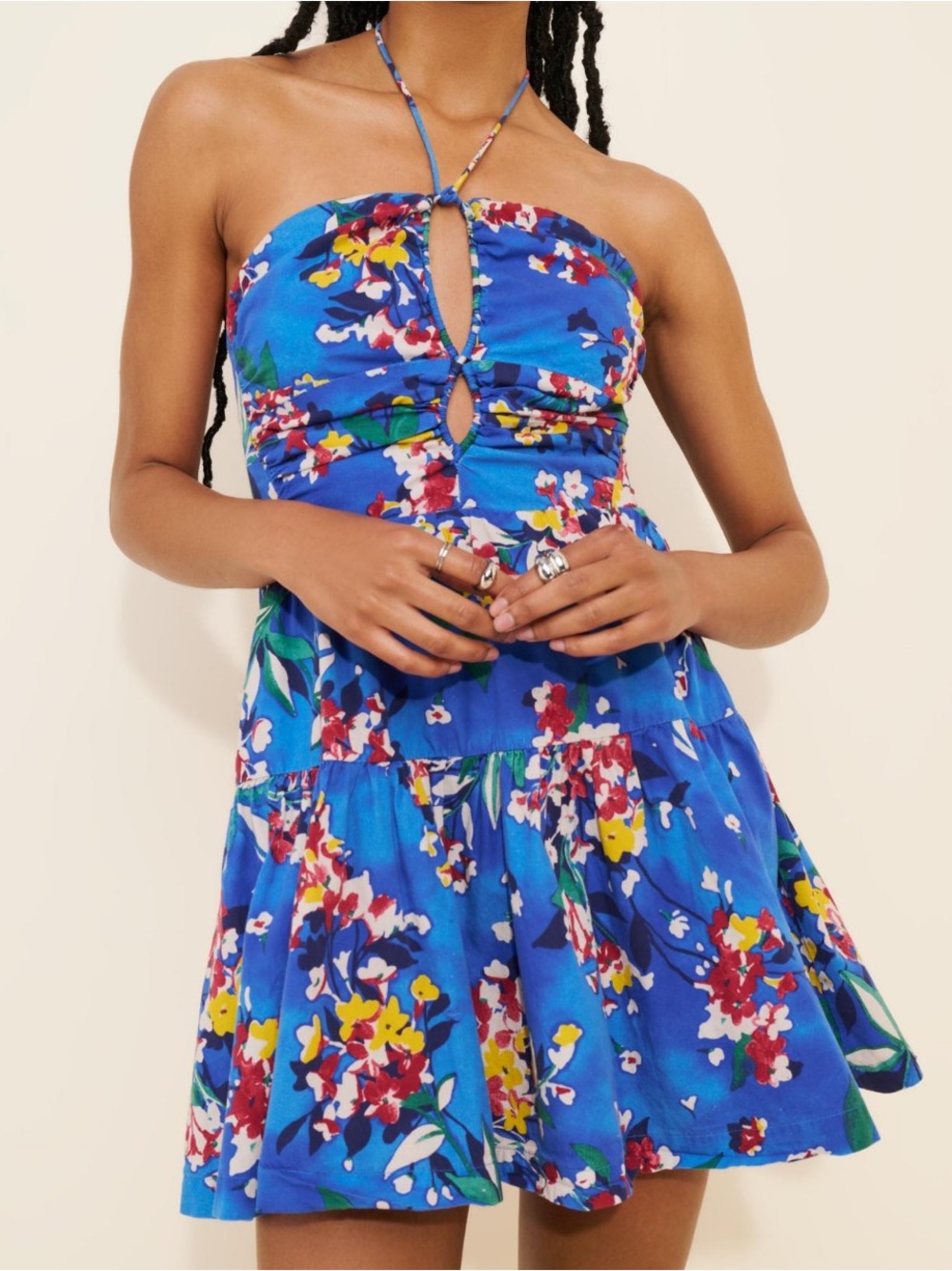 Anthropologie Blue Floral Halter Keyhole Mini Dress Size Medium